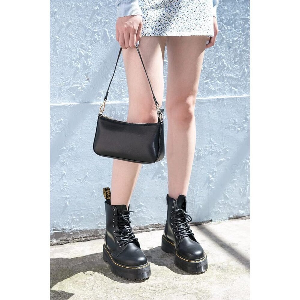 Women B Black Retro Vegan Leather Polyester Lining Classic Clutch Tote HandBag - Picture 7 of 7